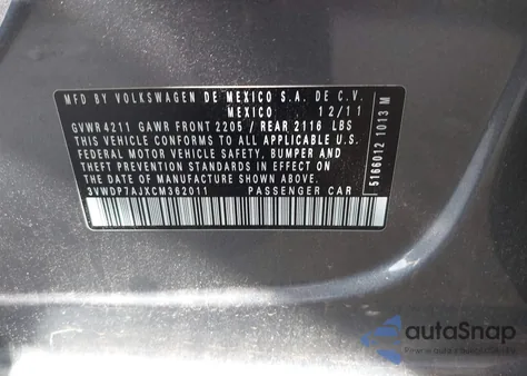 2012 Volkswagen Jetta 2.5L Se from USA, damaged, VIN 3VWDP7AJXCM362011